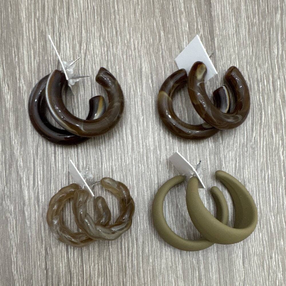 Plastic Round Hoop Earrings Set, 4 Pairs, Brown & Green, Lobe, No Stone - Picture 1 of 1